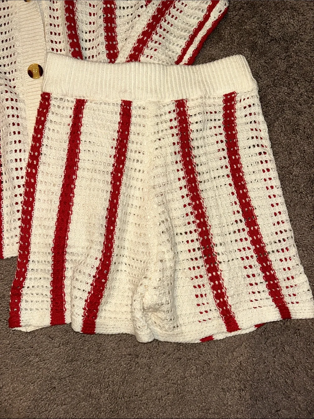 Red & white striped crochet knit button cardigan & high waist short matching set